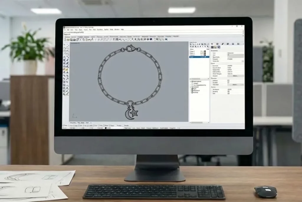 Paperclip chain bracelet CAD design – all-in-one PC running jewelry software, technical drawing visible, desk with sketches, B2B custom charm bracelet development
