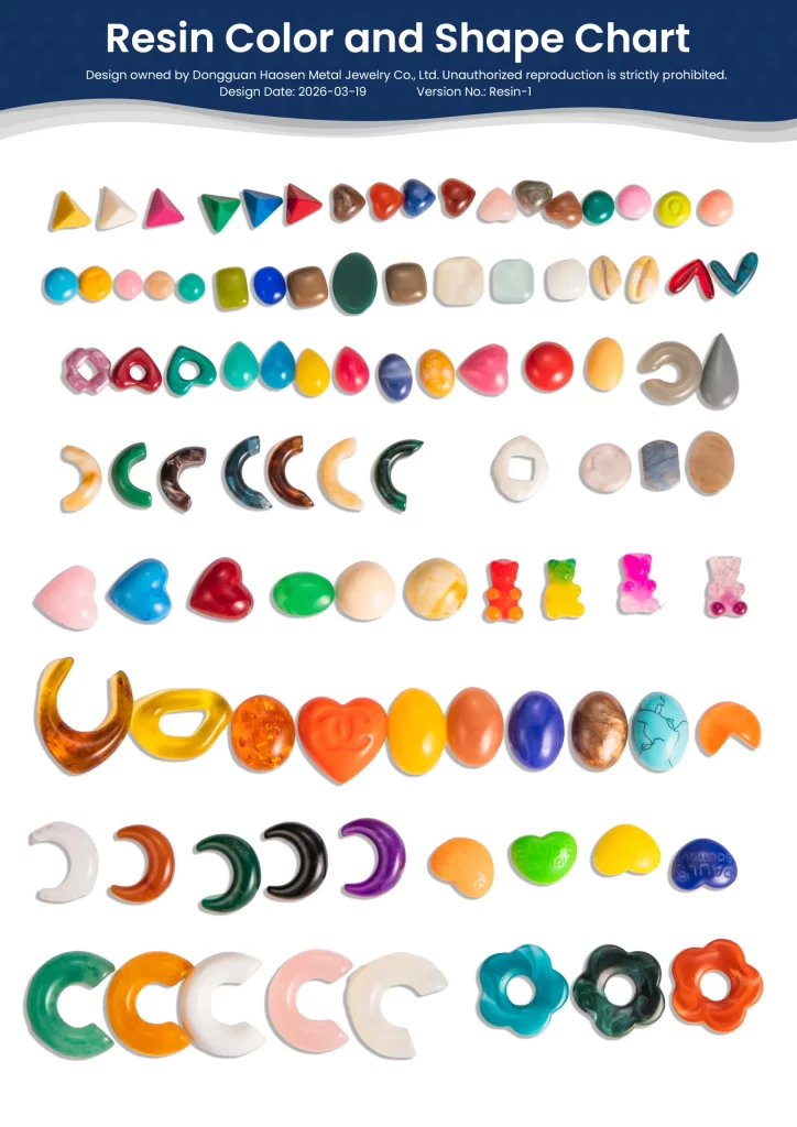 Haosen Jewelry Factory Resin Color and Shape Sample Chart for Custom Earrings Pendants and Jewelry accessories