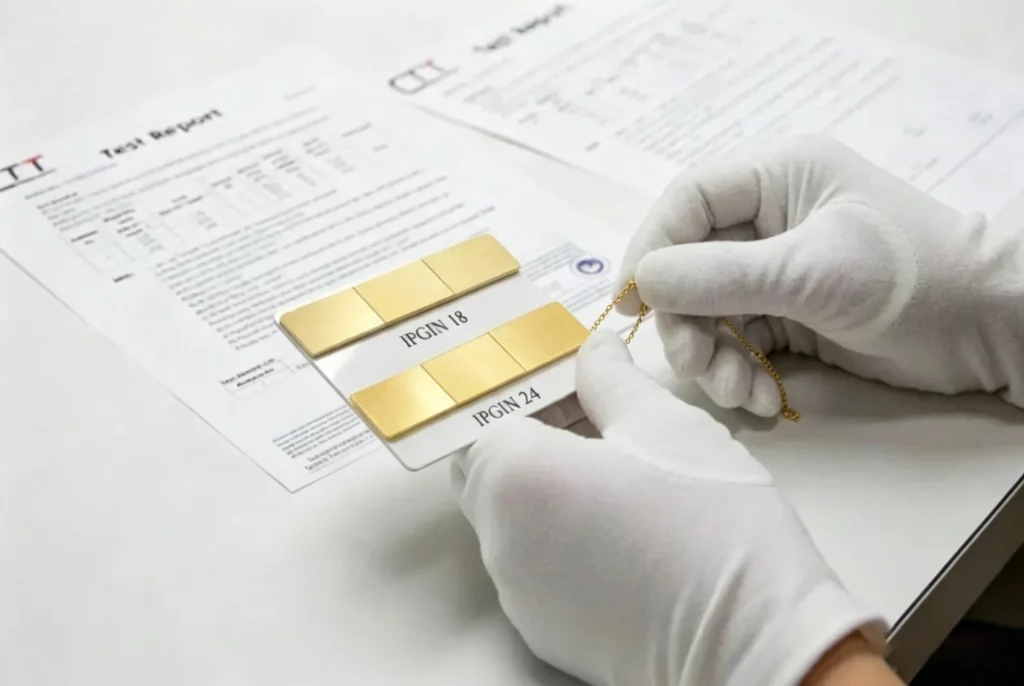 Stainless steel jewelry material testing and PVD color verification during quality control at Haosen