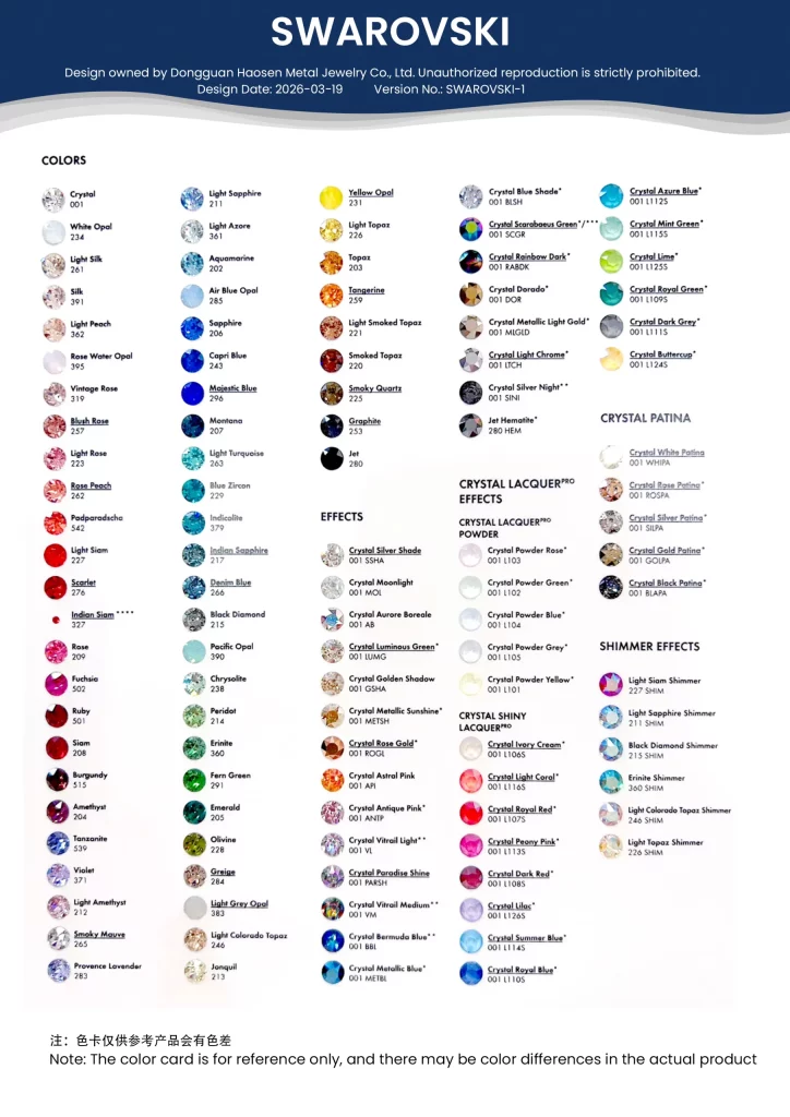 Haosen Jewelry Manufacturer Swarovski Crystal Color Options Chart for Custom Fashion Jewelry Production