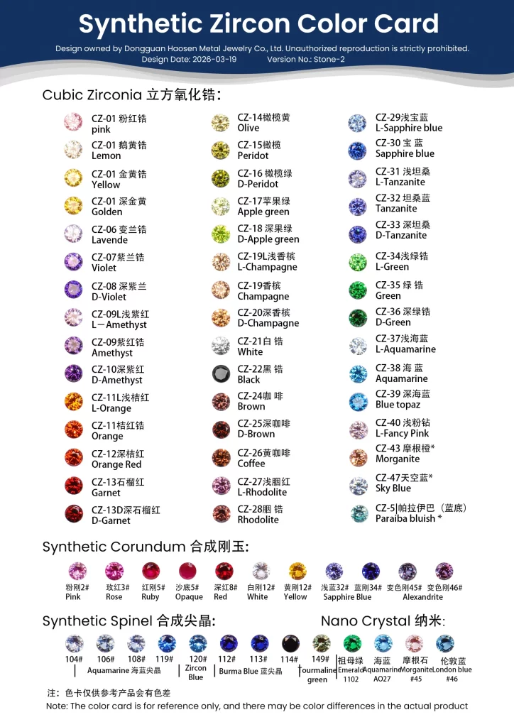 Haosen Synthetic Zircon Color Card for Cubic Zirconia Jewelry Stones