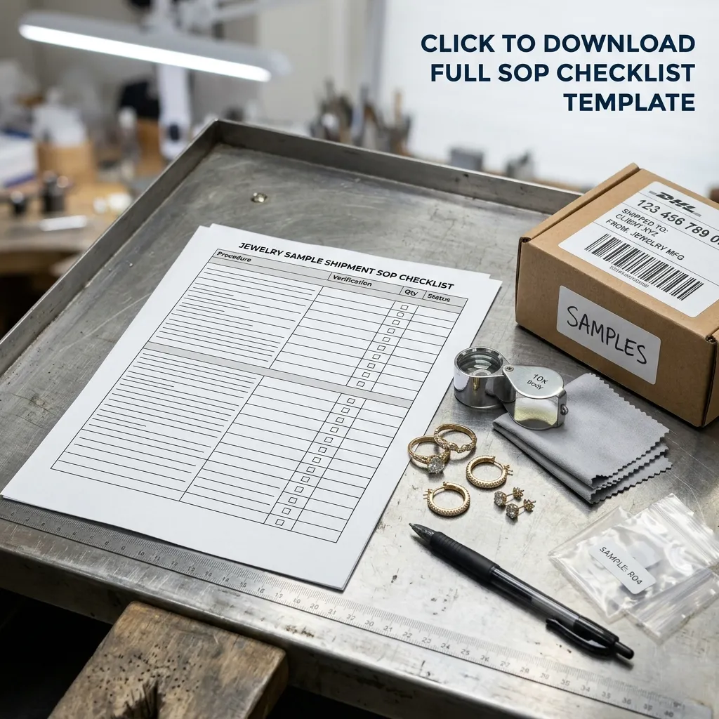 A jewelry factory Sample Shipment SOP Checklist, lying flat on a metal workbench. Click to download the complete checklist form.