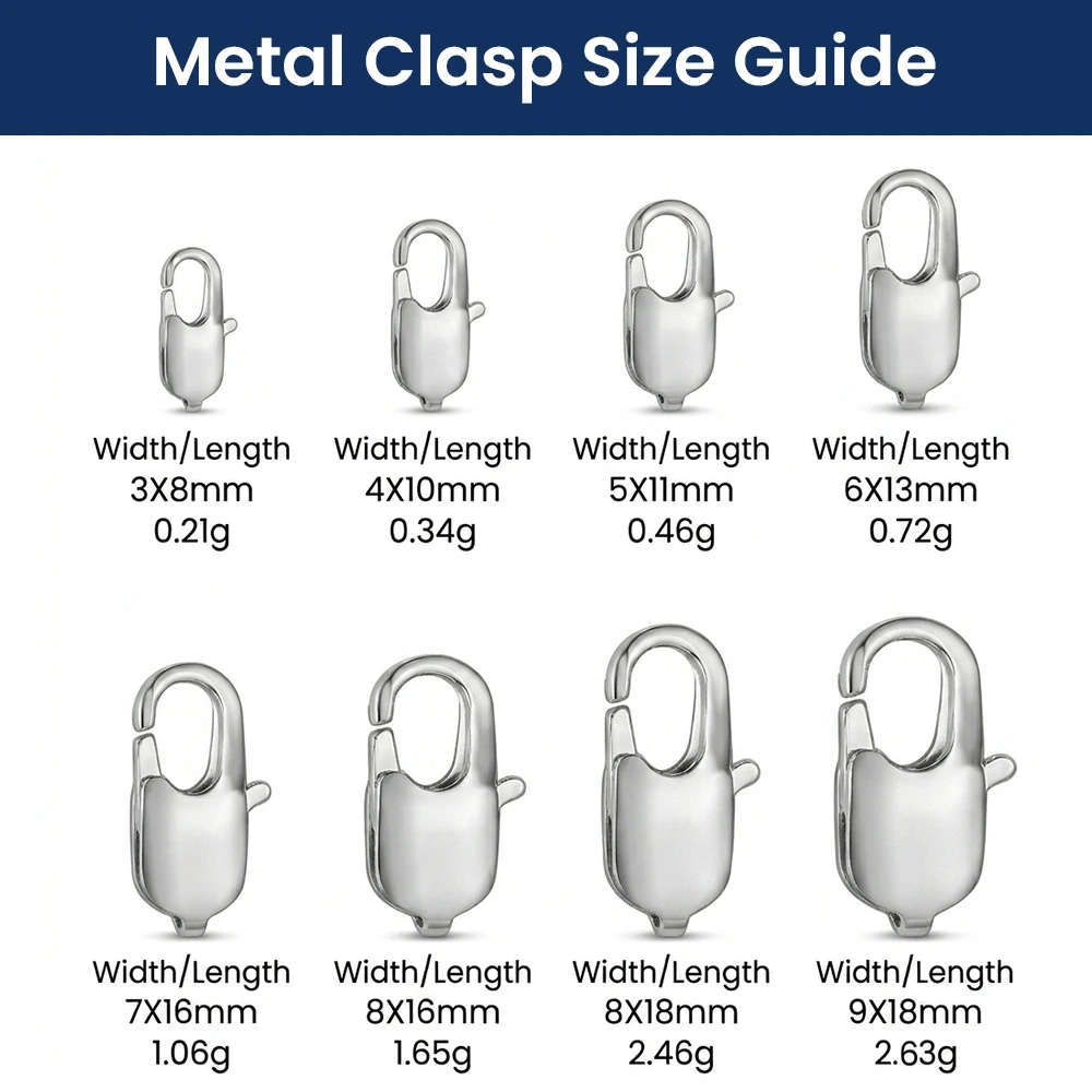 Metal clasp size chart from fashion jewelry manufacturer