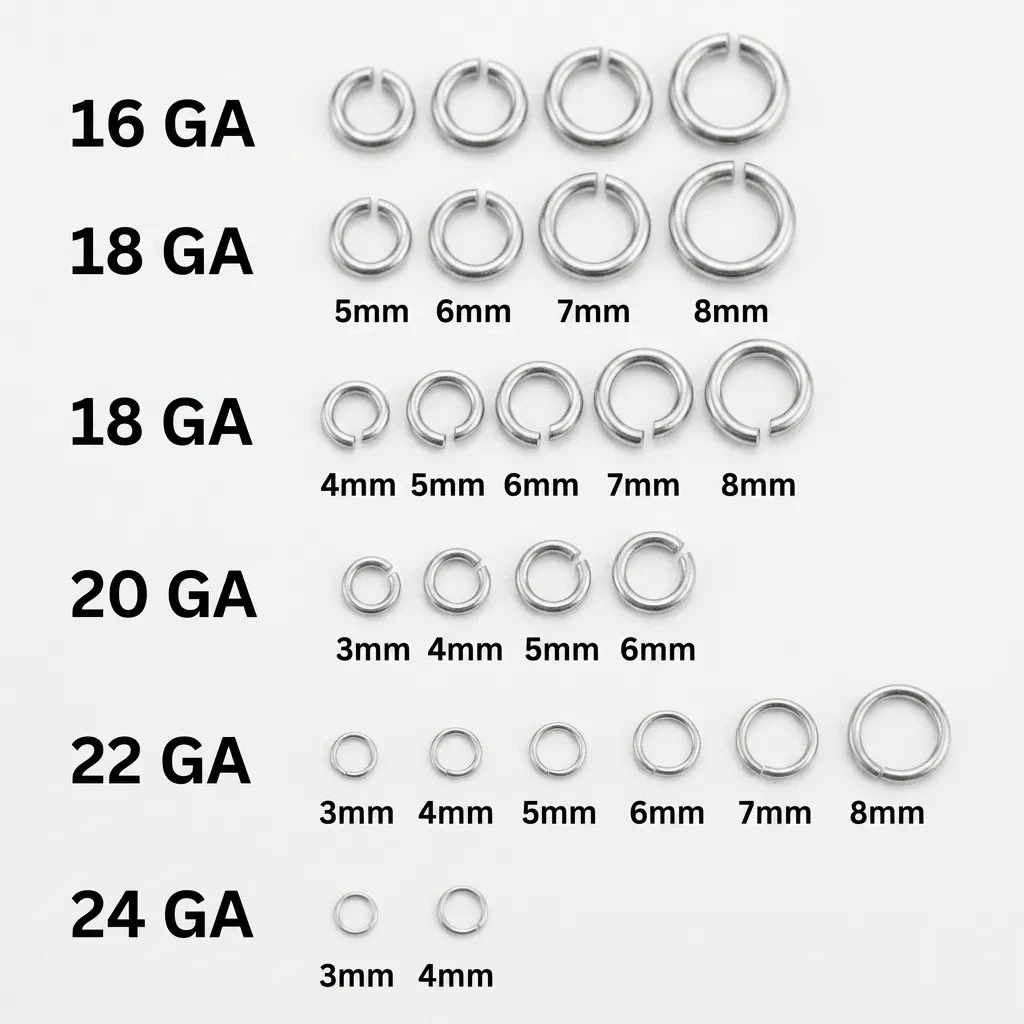 Open jump rings reference chart – B2B wholesale jewelry findings supplier, various sizes and wire gauges organized in six rows, labeled in mm, white background for OEM selection