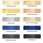 Professional PVD electroplating color card showcasing finishes including 14K, 18K, 24K gold, rose gold, steel, champagne, light and dark blue, gun black, coffee, and rainbow vacuum plating options for metal jewelry and accessories.