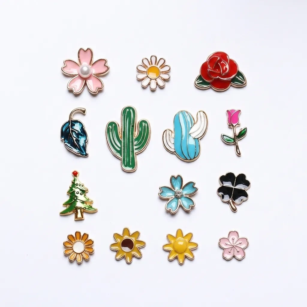 Custom 12 plant-themed pendants in 1:1 overhead product showcase – shadowless, pure white background, lifelike 3D textures, arranged without clasps. B2B ready for OEM/ODM orders, ideal for botanical charm bracelet collections.