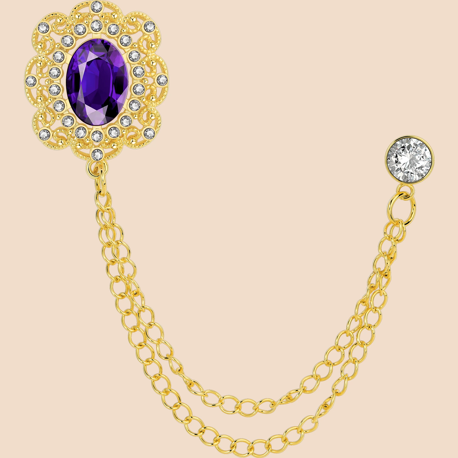 Vintage Zircon Double Chain Suit Brooch | French Luxury Lapel Pin for Men's Formal Wear - Image 8