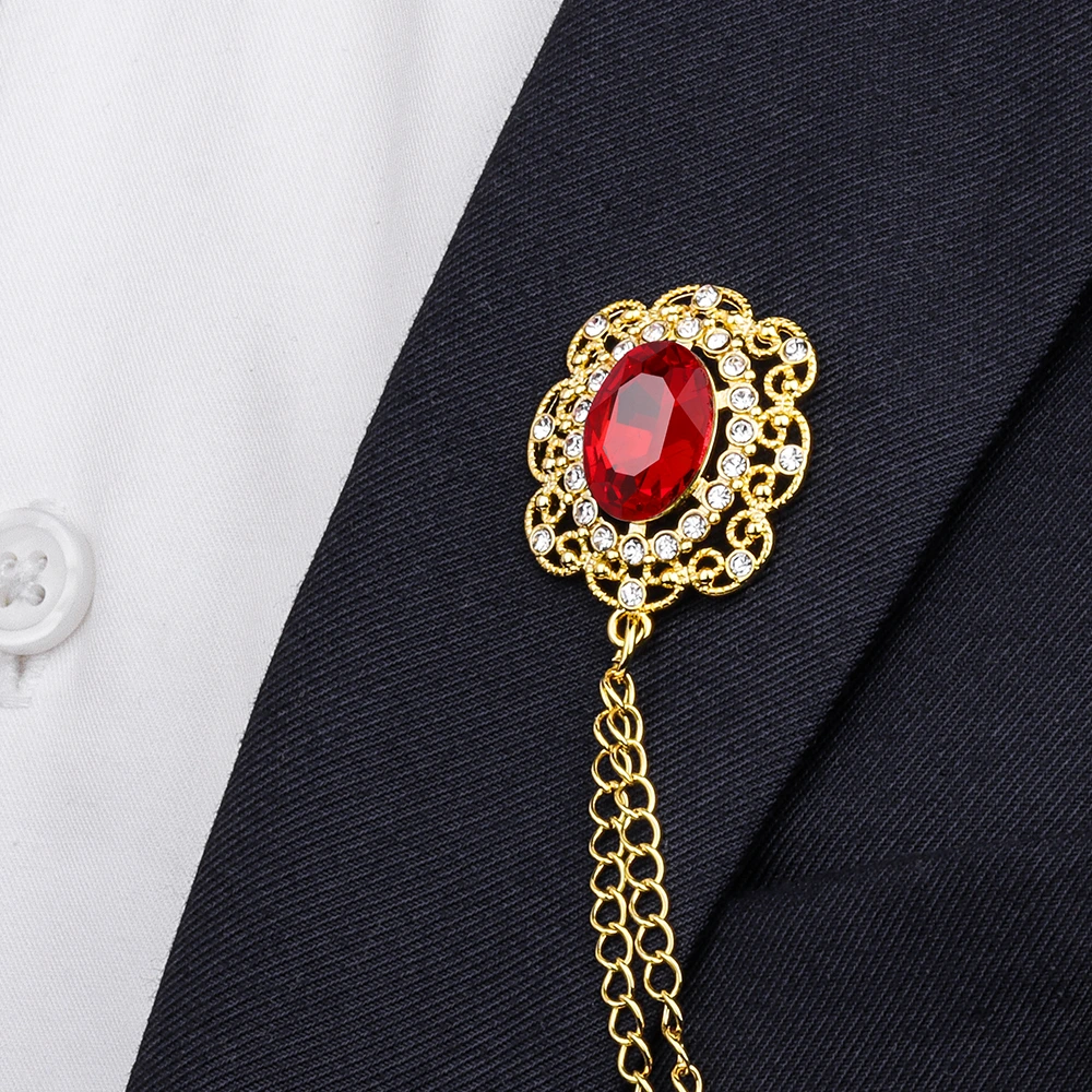 Vintage Zircon Double Chain Suit Brooch | French Luxury Lapel Pin for Men's Formal Wear - Image 2