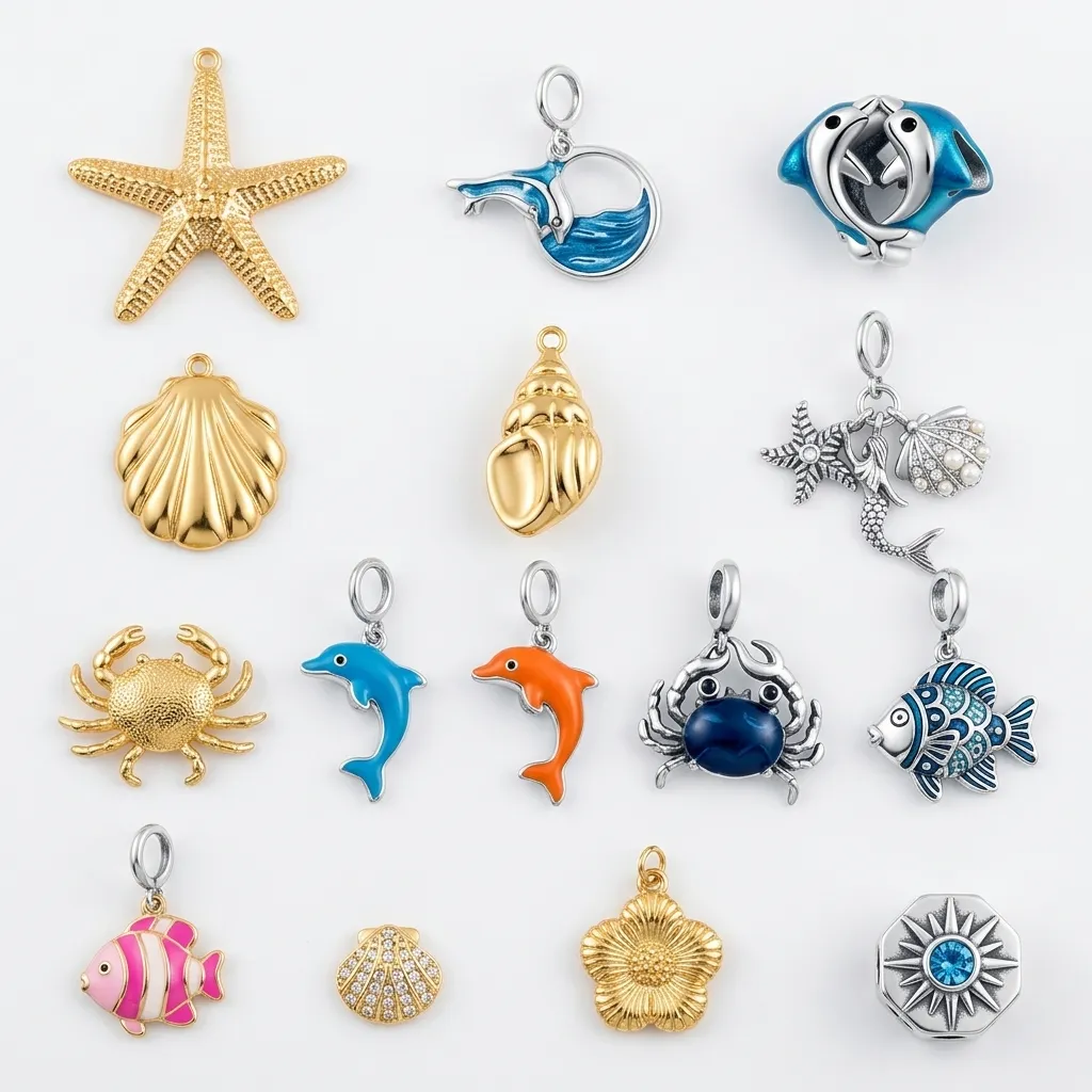 Custom sea charms for B2B charm bracelet programs – OEM/ODM manufacturing available, featuring marine life and nautical motifs in stainless steel, brass, resin, or glass, bulk order ready.