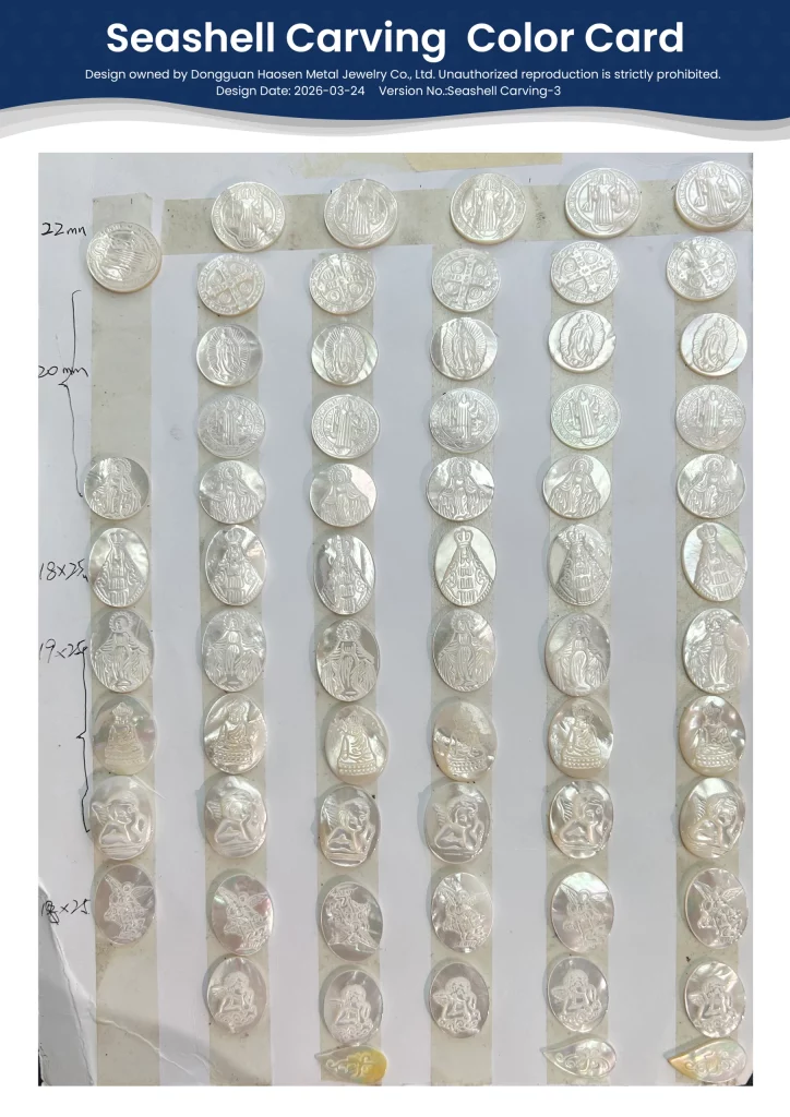 Natural seashell carving color chart, providing sustainable material options for ODM jewelry brands and wholesale seashell jewelry production.