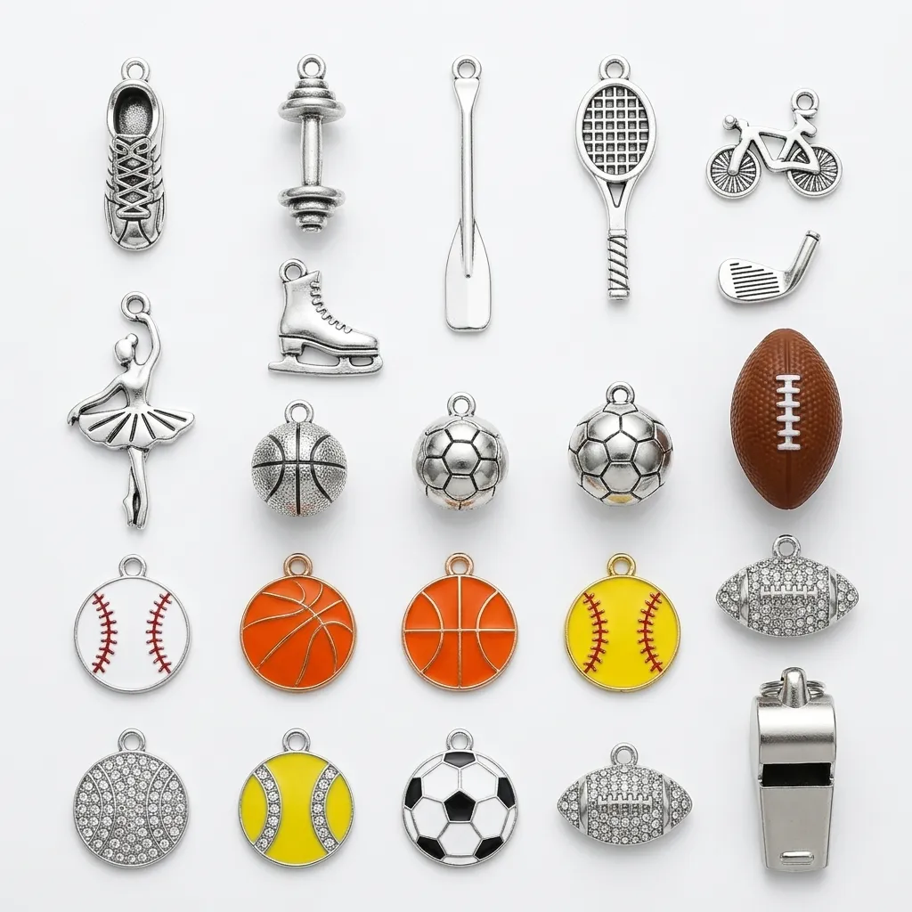 Custom sports charms for B2B charm bracelet programs – OEM/ODM manufacturing available, featuring athletic equipment and movement motifs in stainless steel, brass, or resin, bulk order ready.