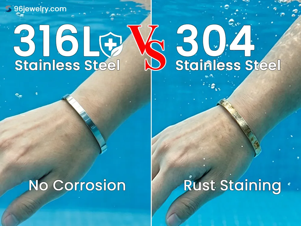 Picture showing tarnish-free 316L stainless steel jewelry corrosion resistance water test comparison.