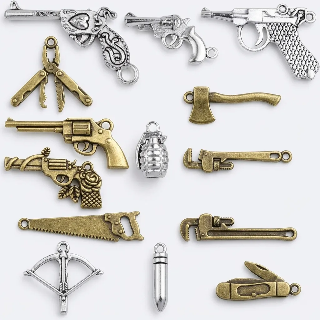 Custom weapon charm guide – B2B reference for OEM/ODM weapon-themed charms featuring swords, axes, firearms, and shields, available in stainless steel, brass, or zinc alloy with antique or plated finishes, ideal for bold and statement charm bracelet collections, bulk order ready.