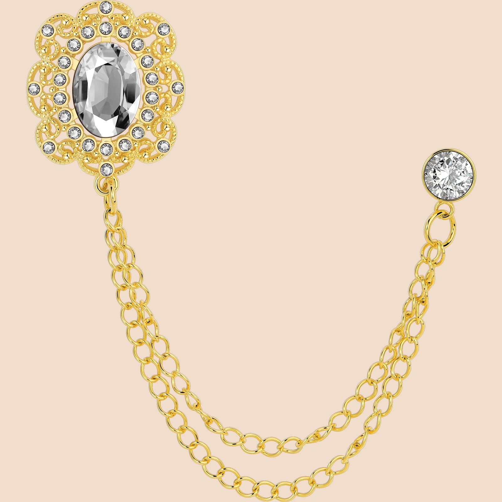 Vintage Zircon Double Chain Suit Brooch | French Luxury Lapel Pin for Men's Formal Wear - Image 5