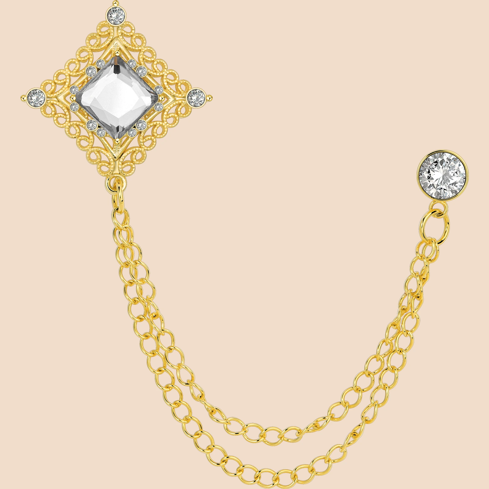 Vintage Zircon Double Chain Suit Brooch | French Luxury Lapel Pin for Men's Formal Wear - Image 20