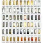 Comprehensive electroplating color swatch for clothing accessories featuring 70 different metal hardware finishes, including gold, silver, gunmetal, antique brass, and rose gold finishes by Dongguan Haosen Metal Jewelry.