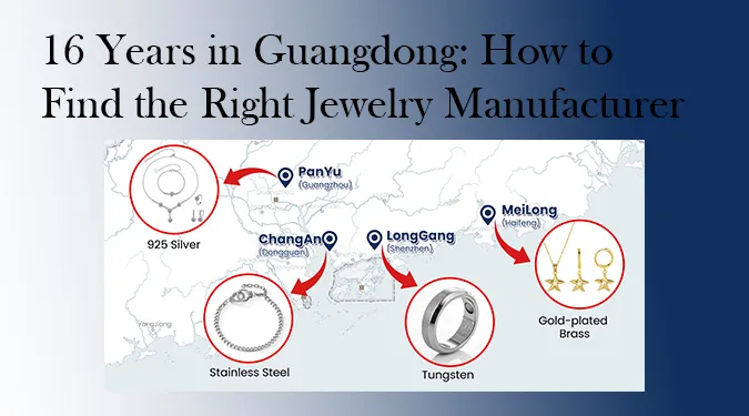 Guangdong jewelry clusters map: Panyu 925 silver, Changan stainless steel, Meilong gold-plated brass. 16-year guide to OEM jewelry manufacturing in China.