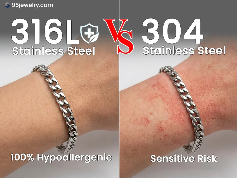 Picture of 100% hypoallergenic 316L surgical stainless steel jewelry vs 304 metal to show skin safety for fashion jewelry brands.