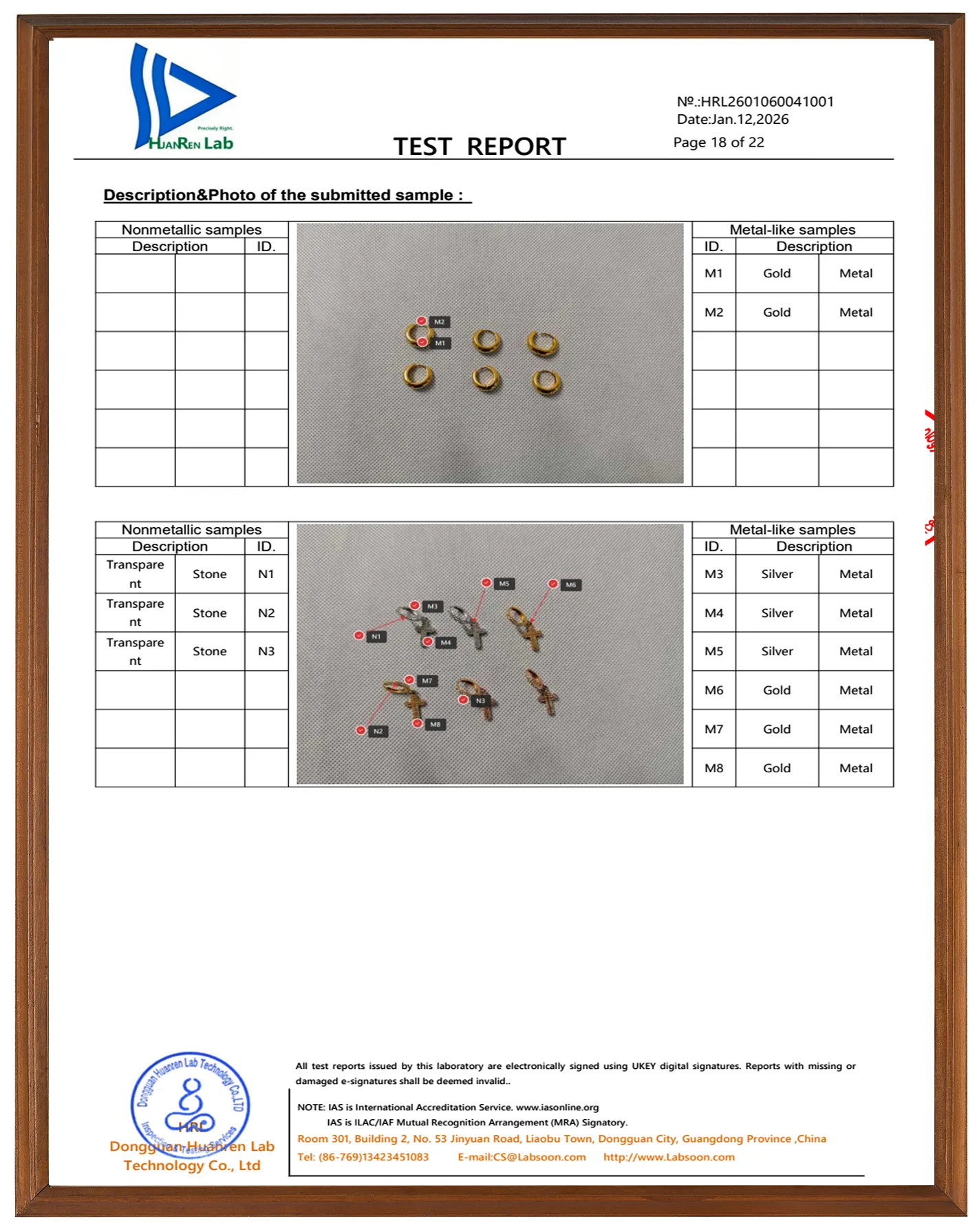 316L Stainless Steel Earrings Testing Report SVHC (252 Substances)screeningis performed according to No.1907/2006 conceming the REACH