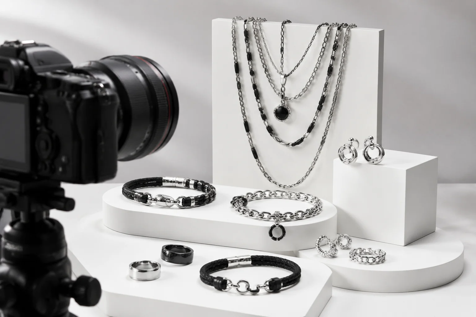 B2B OEM jewelry commercial photography service for 316L stainless steel necklaces, bracelets, rings and earrings, factory studio product shooting for bulk orders and brand clients
