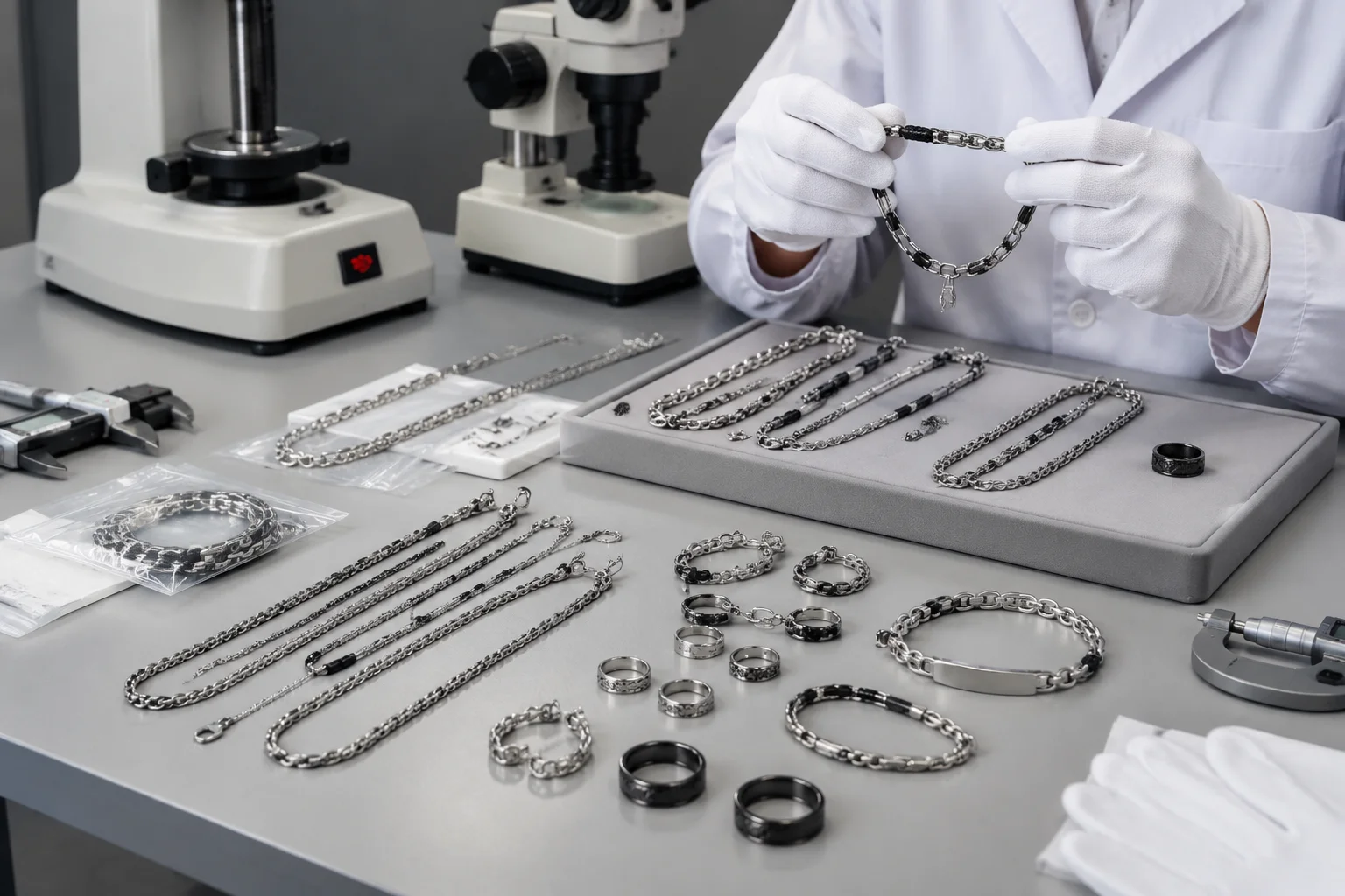 Factory quality control and compliance testing for B2B stainless steel jewelry, nickel-free standard and CA65 certification, OEM bulk order inspection for global brands