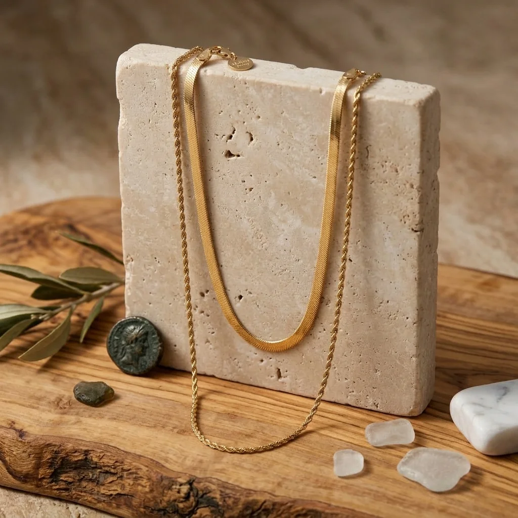18K gold plated 316L stainless steel layered chain necklace, snake bone and rope chain set for B2B jewelry suppliers and bulk retailers.