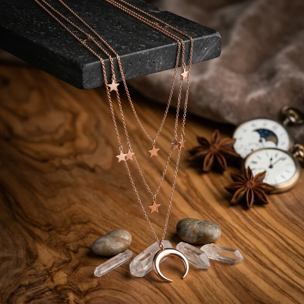 Custom rose gold celestial layered necklace with stars and crescent moon pendant, high-quality jewelry manufacturer offering OEM/ODM services for global brands.
