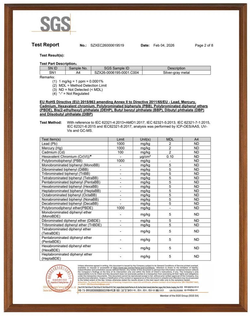 316L Stainless Steel Raw Material Pass Rohs Test Report