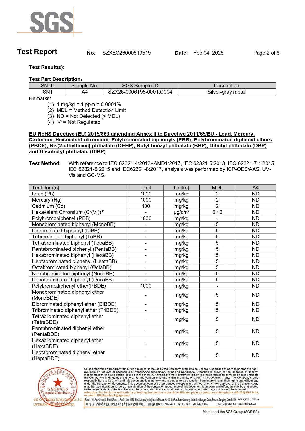 SGS test results table for 316L stainless steel bars, listing heavy metals and flame retardants like lead, mercury, and PBBs.