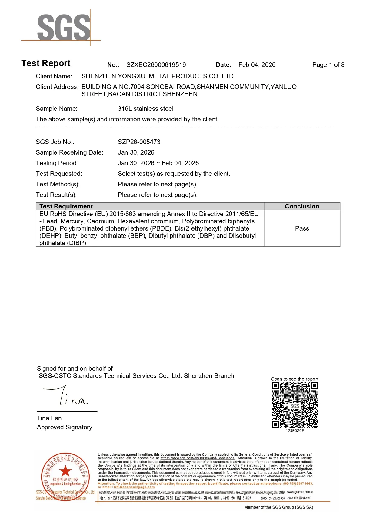 First page of the SGS test report for 316L stainless steel bars, showing a "Pass" conclusion for the EU RoHS Directive.