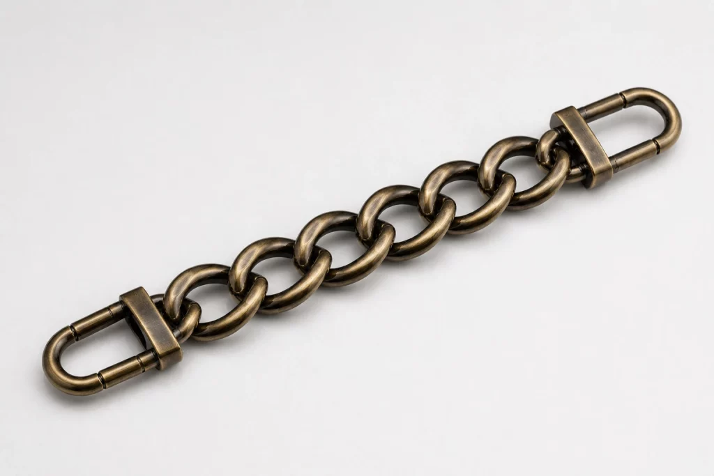 Antique-style bag chain with distressed finish and unique character, designed for B2B luxury accessory suppliers.
