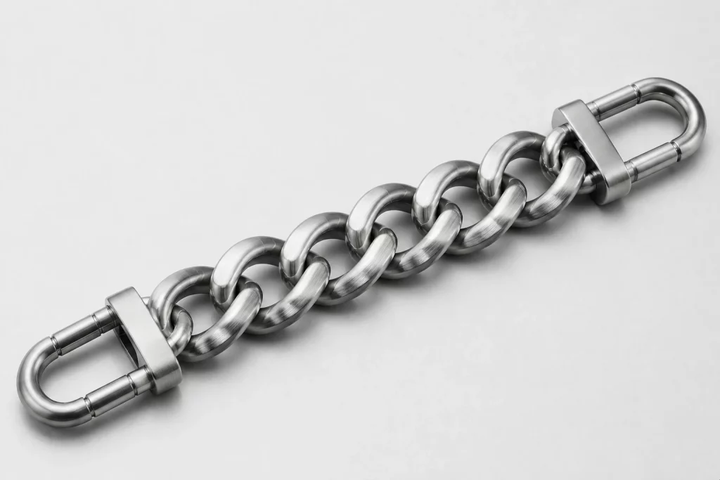 Brushed metal bag chain with fine texture, perfect for B2B design and sourcing, adding a sophisticated industrial aesthetic.
