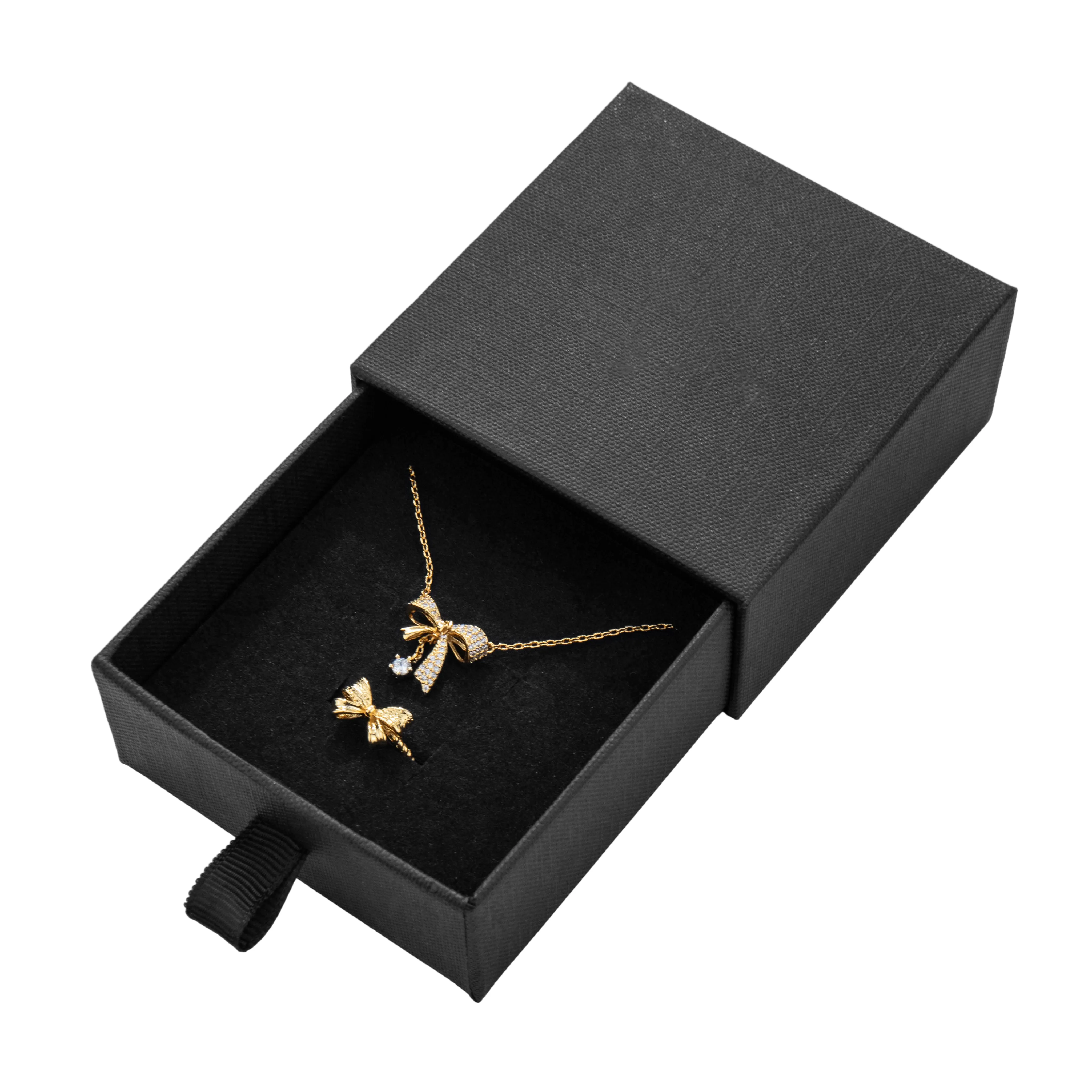 drawer-style custom package for necklace with black jewelry box, OEM jewelry manufacturer packaging guide
