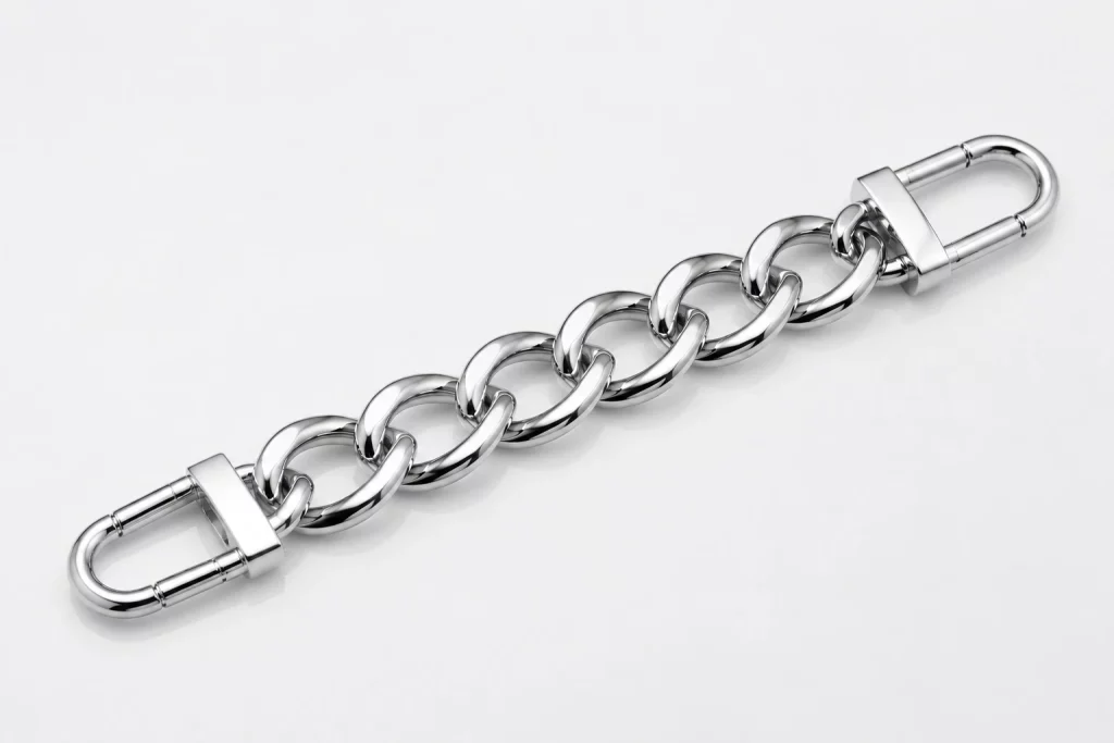 Electroplated bag chain with uniform glossy surface, designed for B2B clients seeking high-quality metal chains for bags and fashion accessories.