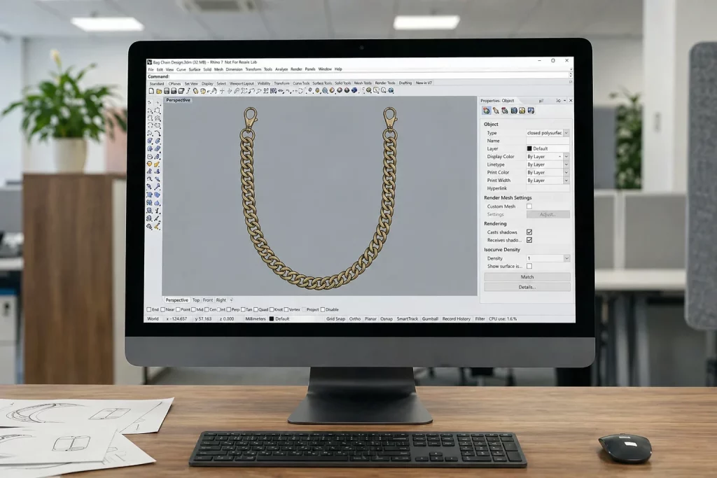 Bag Chain CAD design – all-in-one PC running jewelry software, technical drawing visible, desk with sketches, B2B custom bag chain development