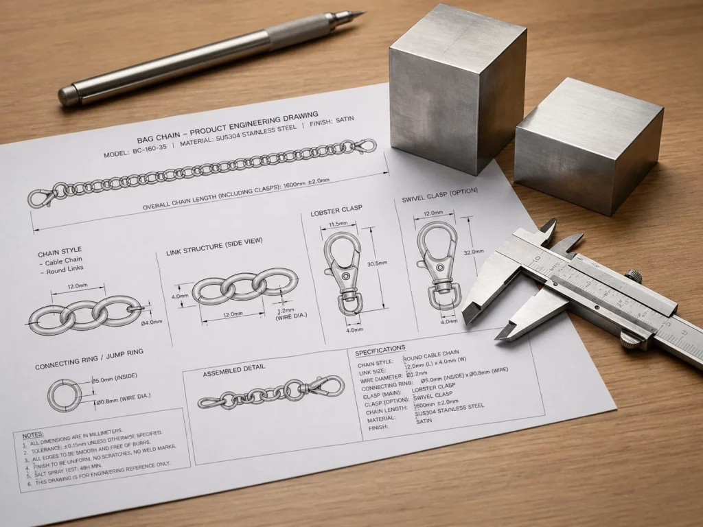 Jewelry design sketch on wooden tabletop – technical drawings for bag chain, with raw steel block, vernier caliper, and drafting pen, showcasing OEM design process