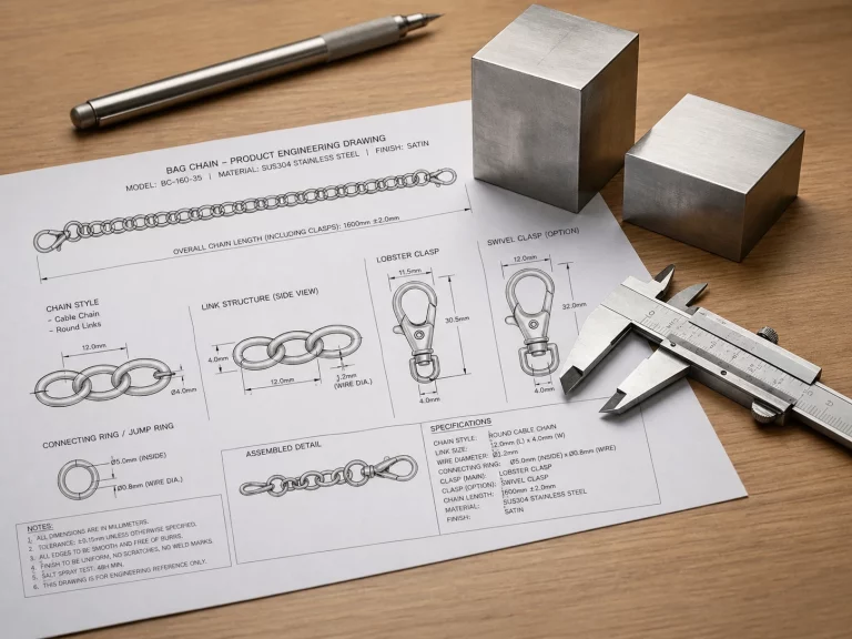 Jewelry design sketch on wooden tabletop – technical drawings for bag chain, with raw steel block, vernier caliper, and drafting pen, showcasing OEM design process