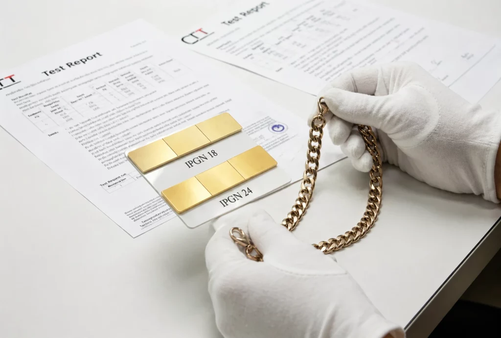 Bag chain material testing and PVD color verification during quality control at Haosen