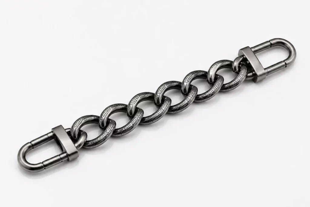 Laser-engraved metal bag chain with precise etching, ideal for B2B brand accessories requiring detailed customization.