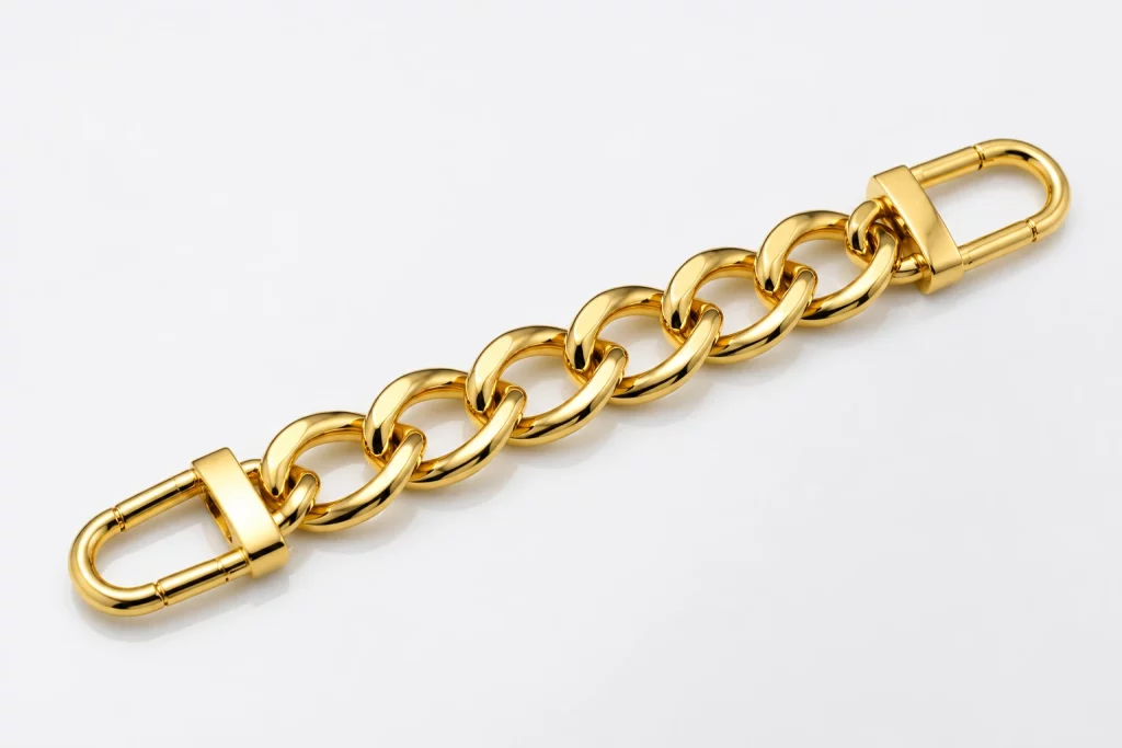 High-end PVD plated bag chain showcasing durable metallic shine and wear-resistant surface finish, ideal for B2B luxury accessory sourcing.