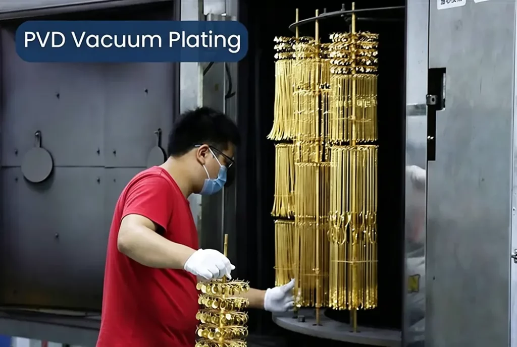 A worker is placing PVD-plated necklaces into a vacuum furnace.