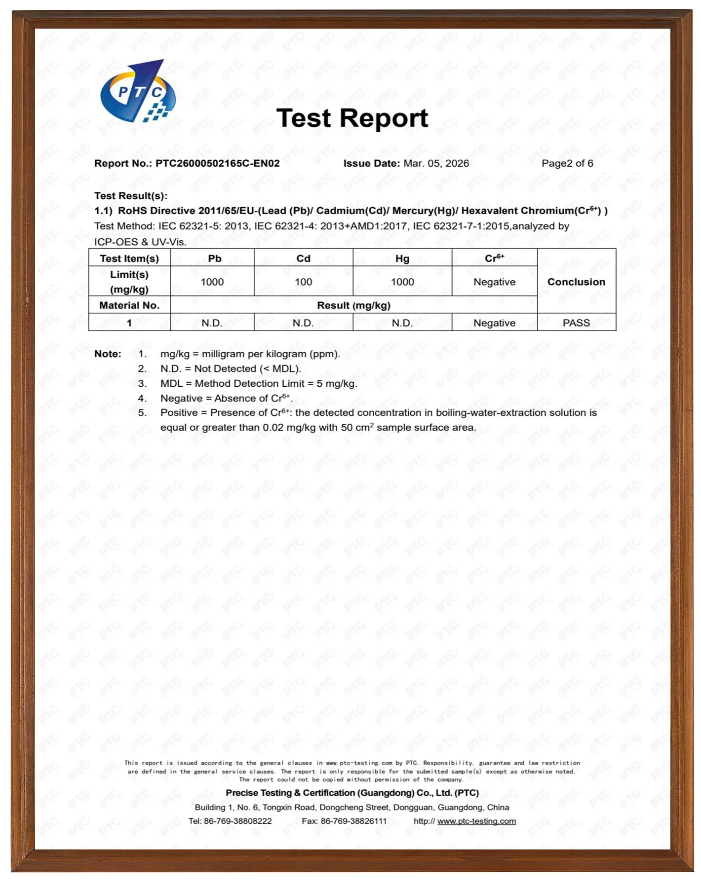 RoHS compliance test report for titanium body piercing jewelry material by PTC, showing pass results for lead, cadmium, and mercury for safe skin contact.