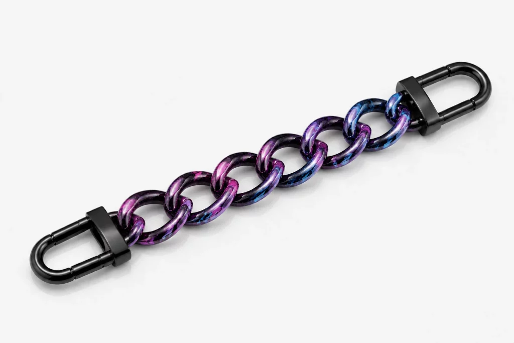UV-printed bag chain displaying colorful custom patterns and detailed decorations, suitable for B2B clients seeking personalized chain accessories.