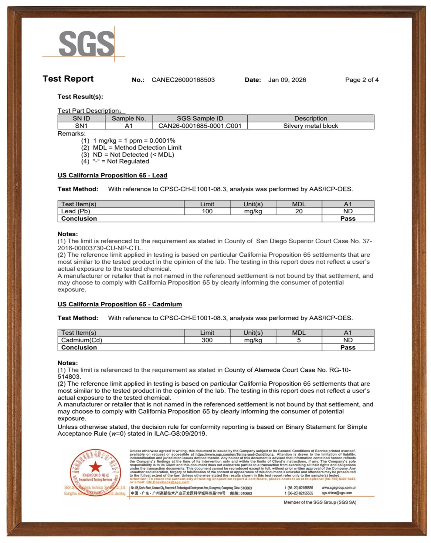 SGS test report for zinc alloy jewelry material confirming compliance with California Proposition 65 standards for lead and cadmium.