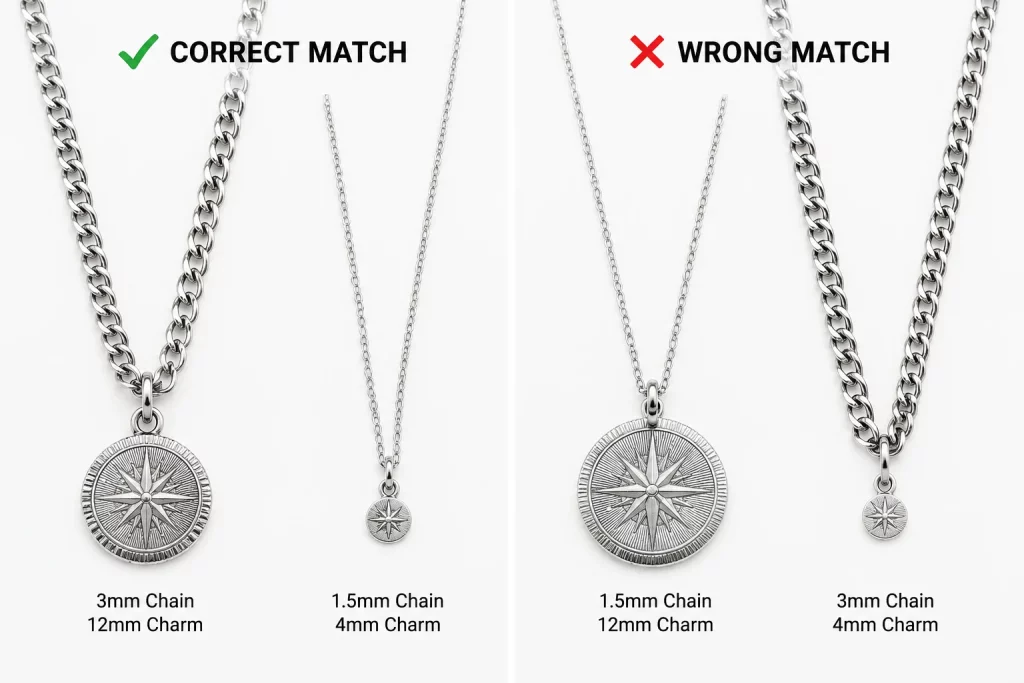 B2B jewelry and apparel chain visual weight guide showing chain thickness, charm size, and number of charms for OEM bulk orders