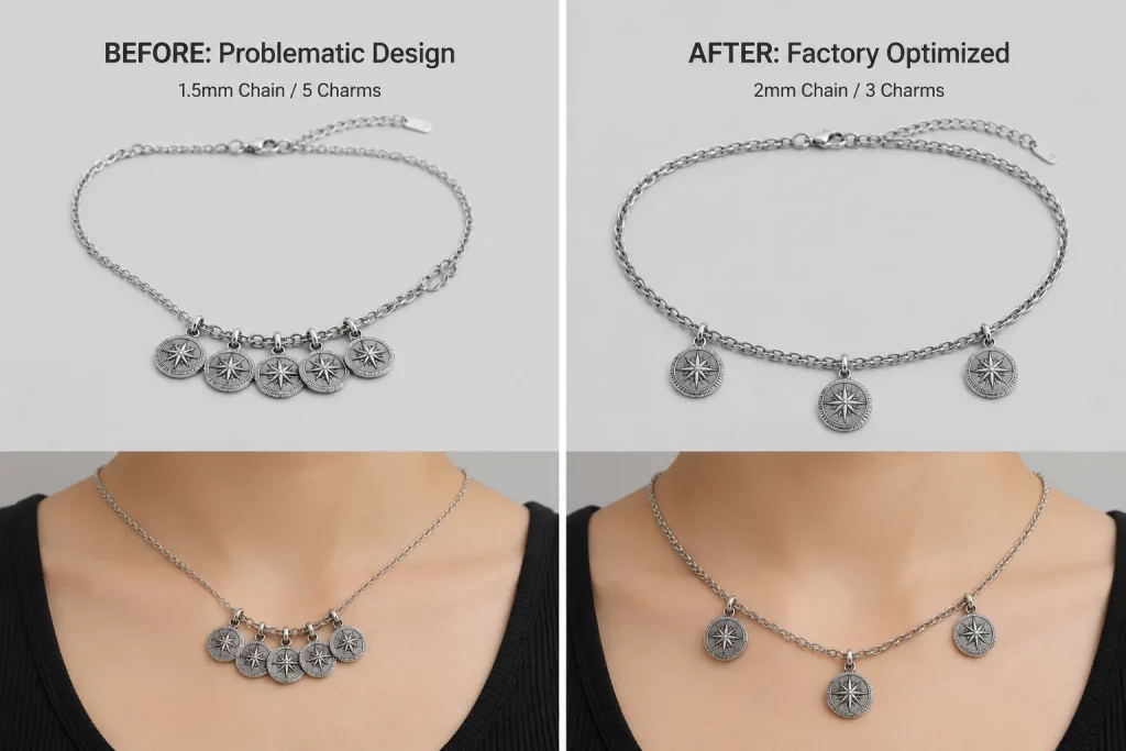 B2B jewelry and apparel chain design before and after factory optimization, highlighting improved chain thickness, charm spacing, and layout for bulk production