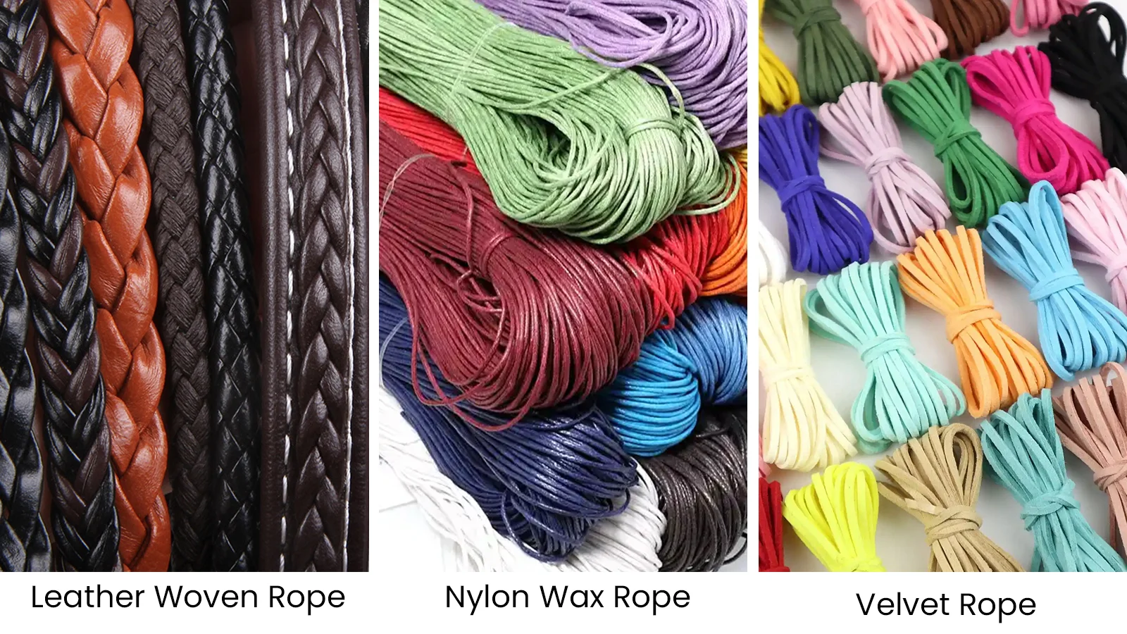 Wholesale bag chain rope materials comparison: leather woven rope, nylon wax rope, velvet rope for custom handbag straps