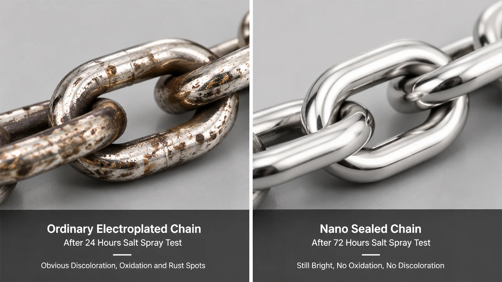 stainless steel chain corrosion resistance comparison, ordinary electroplated vs nano-sealed chain after salt spray test, OEM jewelry hardware durability test