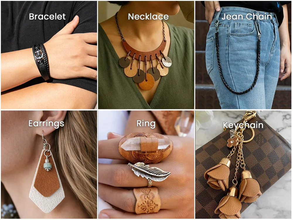 Custom leather jewelry product showcase including leather bracelet, necklace, jean chain，earrings，ring and keychain made from LWG Gold certified leather