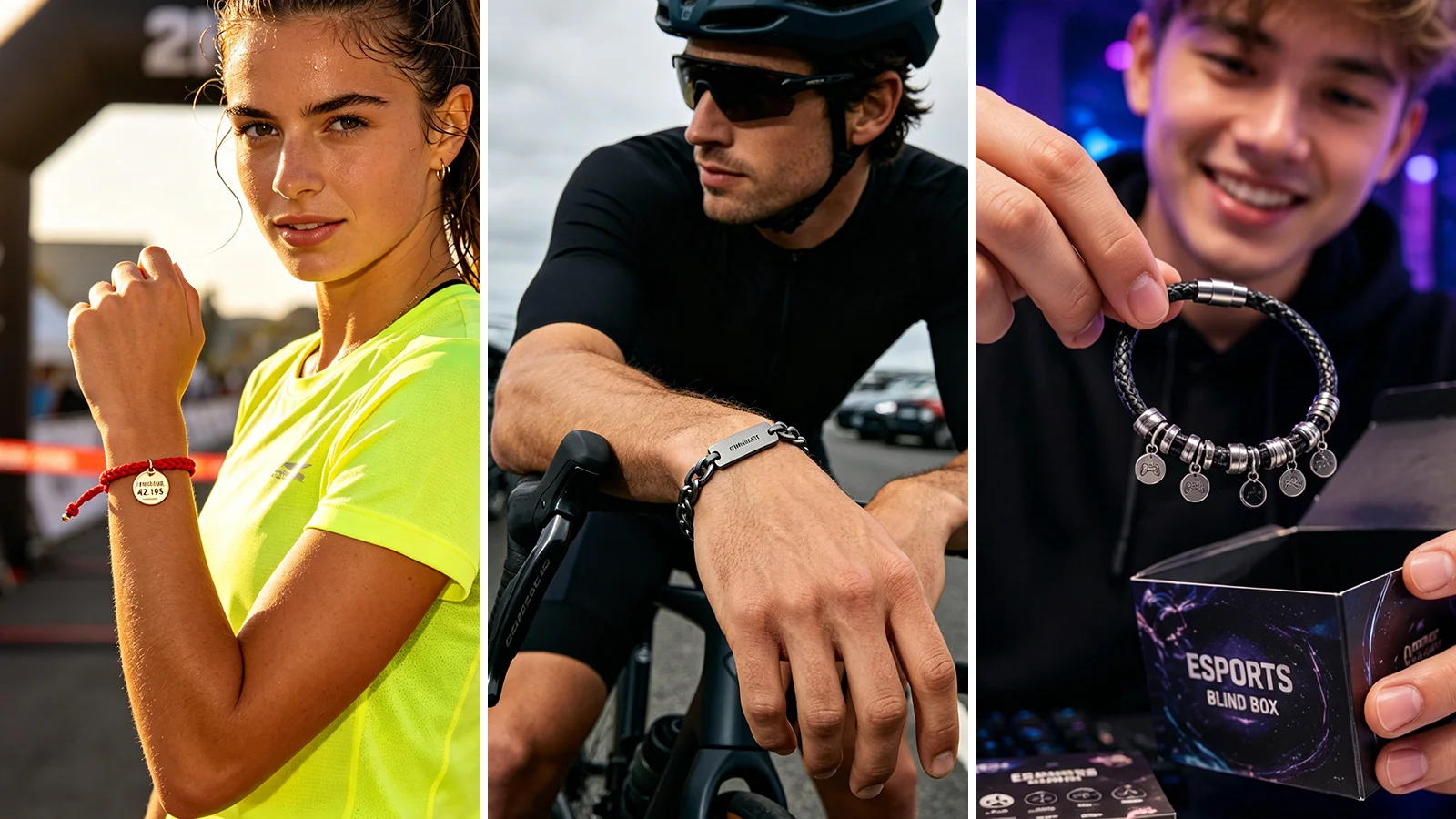 Lifestyle collage featuring a runner, cyclist, and esports gamer wearing custom sports accessories. As an experienced manufacturer, we offer diverse charm bracelet designs and custom event blind boxes for active individuals.